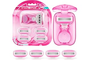 DREAMGENIUS Travel Razors for Women Include 1 Handle and 5 Cartridges, Extra Smooth 5-Blade Mini Razor with Travel Case, Portable Travel Size Toiletries for Women, Pink