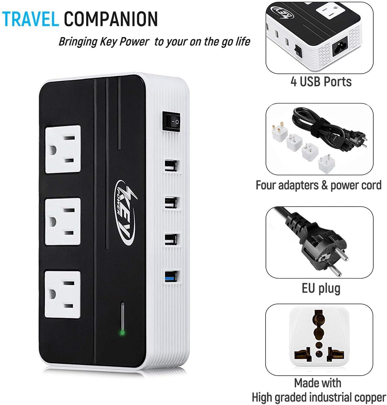 Key Power 200-Watt Step Down 220V to 110V Voltage Converter & International Travel Adapter/Power Strip - [Use for USA Appliance Overseas in Europe, Australia, UK, Ireland, Italy and More]