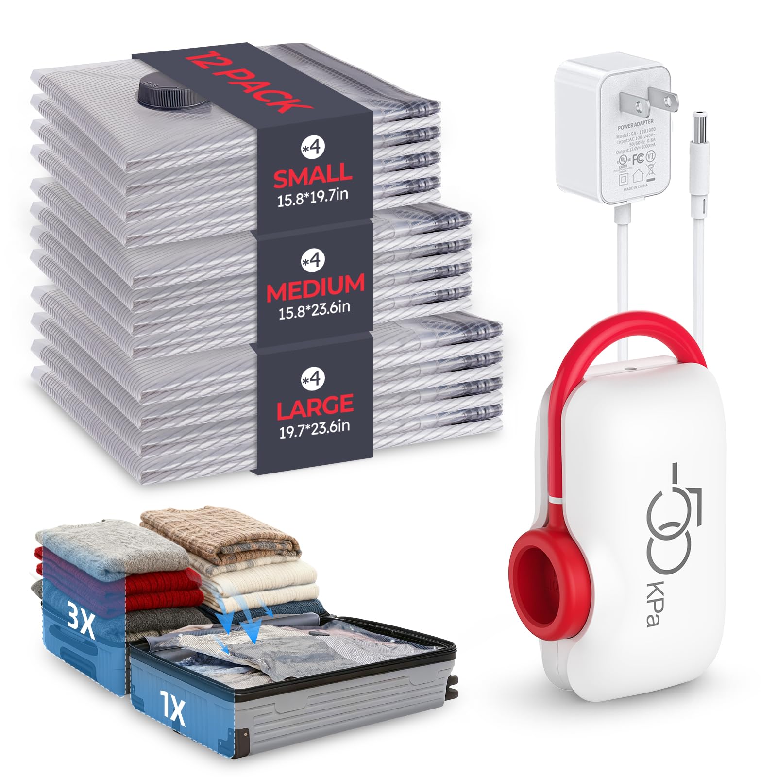 VMstr 12 Pack Vacuum Seal Bags for Clothing Travel, Carry-on Size for Luggage Compression Packing, Space Bags with High Pressure Electric Pump (DC Power) Image