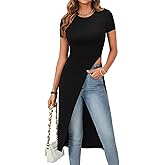 Vrtige Women's Summer Crewneck Short Sleeve Split Slit Asymmetrical Hem Long Fitted Tee Top Shirt