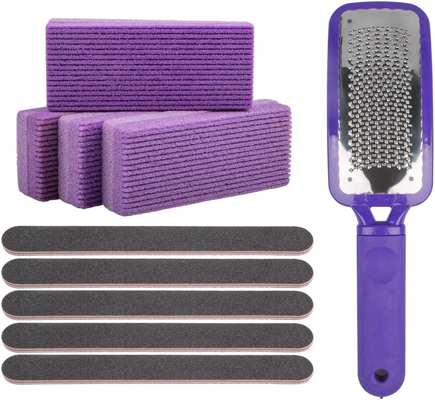 4 Pack Foot Pumice Stone,Sonku Exfoliator Pedicure File Block Callus Remover Scrubber with 1 Pcs Stainless Steel Foot Rasp and 5 Pcs Nail Files 100/180 Grit-Purple: Health & Personal Care