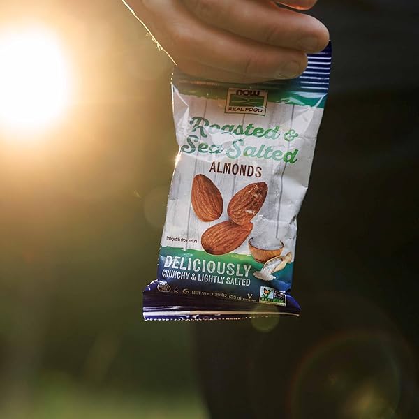 NOW FOODS, ALMONDS, ROASTED WITH SEA SALT, SOURCE OF PROTEIN, FIBER AND HEALTHY FATTY ACIDS, GROWN IN THE USA, CERTIFIED NON-GMO, 10 SINGLE PACKETS
