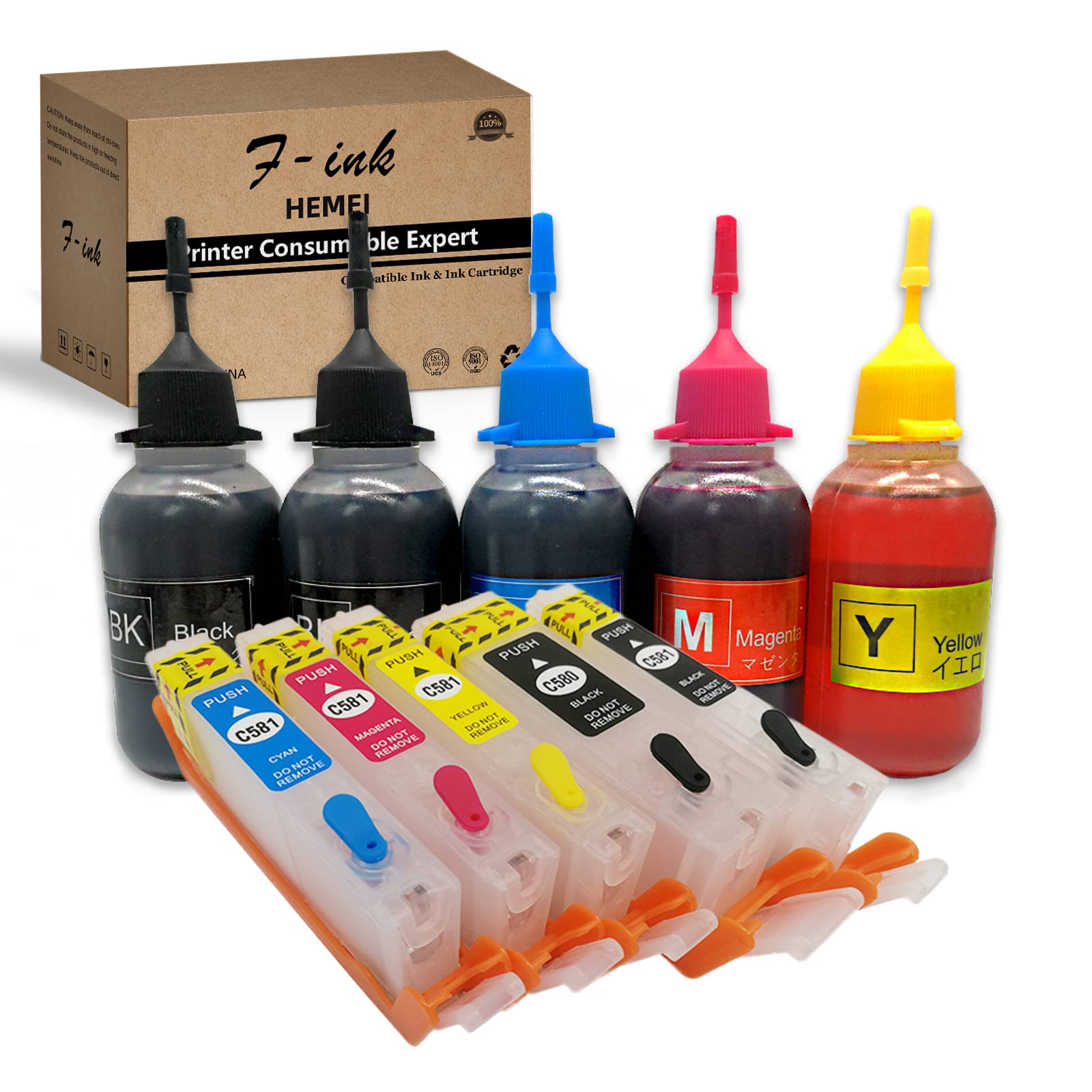 F-INK Rechargeable Ink Cartridge and 5 x 50ml Bottles Ink Compatible with Canon PGI-580XXL CLI-581XXL or 580XXL 581XXL Ink Cartridges, 5 Colors PGBK BK C M Y