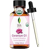 SVA Geranium Essential Oil Organic – 1 Fl Oz – 100% Natural Organic Geranium Oil - for Diffuser, Hair Care, Face, Skin Care, Aromatherapy, Scalp and Body Massage, Soap and Candle making – with Dropper