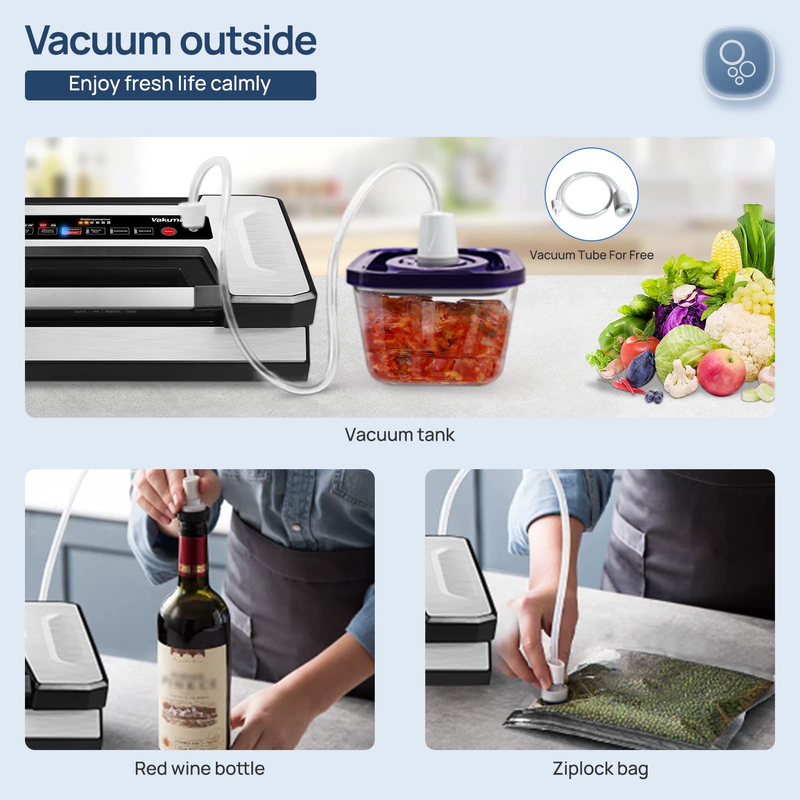Vakumar Vacuum Sealer Machine 5186 90Kpa Food Vacuum Sealer Machine Preservation Dry/Moist/Liquid Modes & 2PCS Vacuum Seal Food Storage Containers