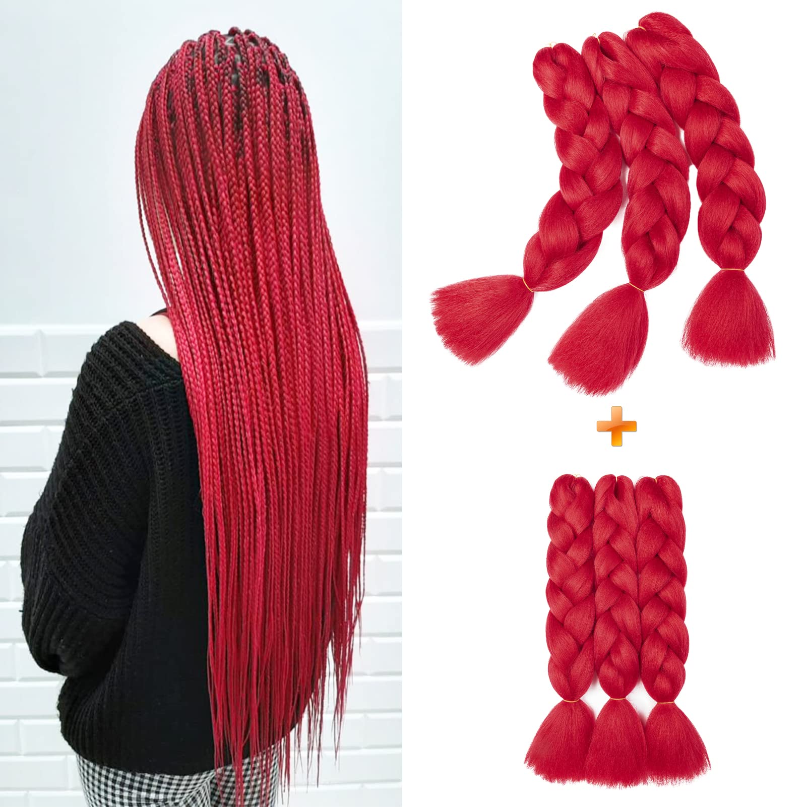 Gairyan Braiding Hair Extensions for Braiding 6 Packs 600g 24" Ombre Jumbo Braiding Hair Coloured Synthetic Hair for Women Soft Box Braids Crochet Twists (Red)