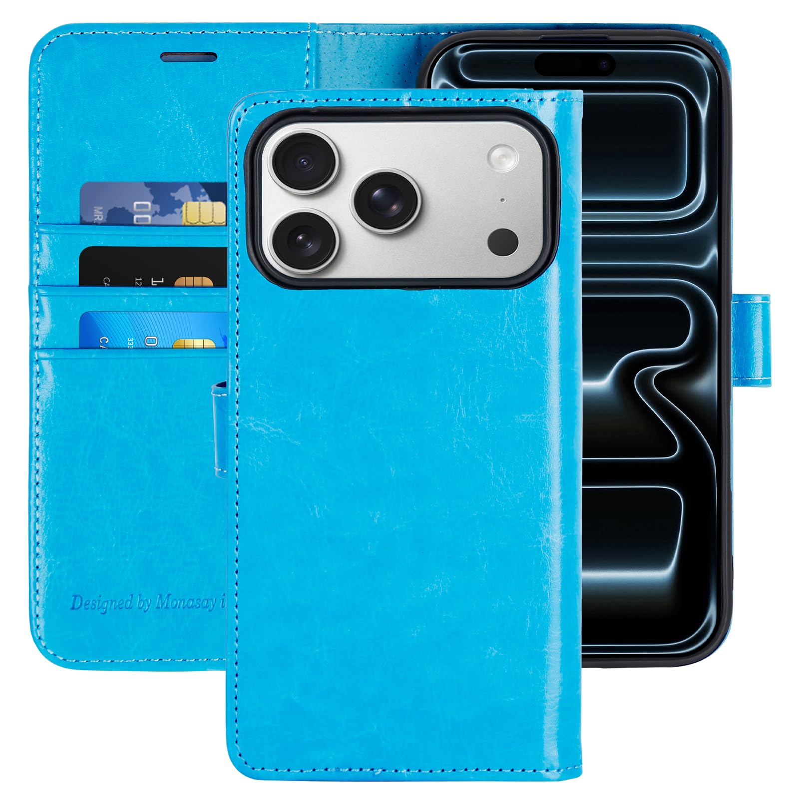 MONASAY Wallet Case for iPhone 17 pro max 6.9 inch,Magnetic Flip Cover with Card Holder Slots and Kickstand RFID Blocking Shockproof PU Leather Folio Compatible with iPhone 17 pro max Case, Light blue