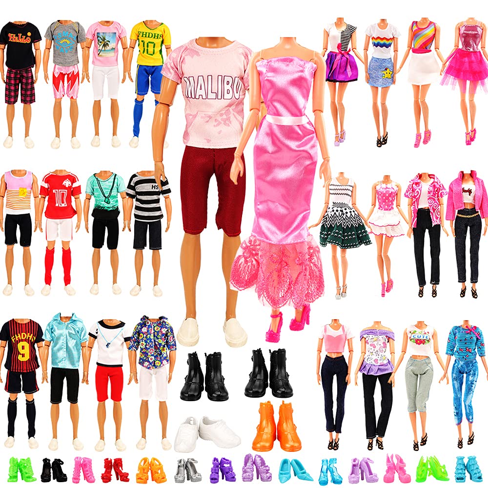Miunana Lot 22 pcs Random Doll Clothes and Shoes Set for 11.5 inch Doll, Includ 3 PCS Boy Clothes + 5 Girl Clothes + 2 Girl Fashion Skirts + 2 Pairs for Boy Shoes + 10 Pairs of Girl Doll Shoes