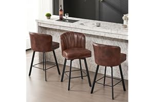 SAECKBERG Swivel Counter Height Bar Stools Set of 3, 26'' Modern Barstools with Backs and Metal Legs, Upholstered Bar Chairs, Faux Leather Brown Stools for Kitchen Island Chairs