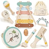 Lehoo Castle Musical Instruments Set, Wooden Montessori Toys for 18M+ | Dinosaur Musical Toys with Storage Bag, 18 Month Old Toys Percussion Instruments, Xylophone Maracas for Boys Gifts