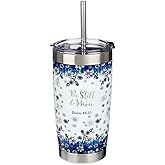 Christian Art Gifts Double Wall Vacuum Insulated Stainless Steel Travel Mug and Straw 18 oz Blue Floral Camp Style Coffee Mug with Lid for Women Laser-engraved- Be Still & Know -Psalm 46:10