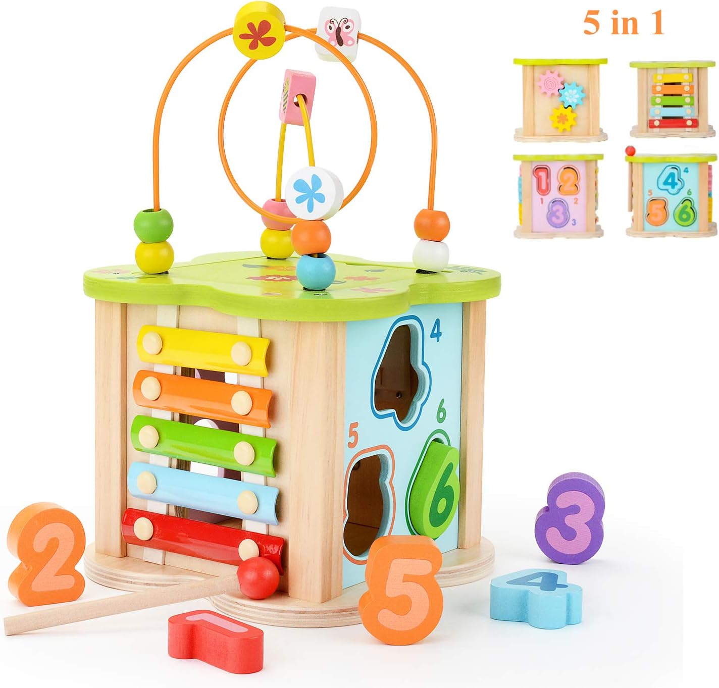 WOOKA Wooden Activity Cube, 5 in 1 Educational Learning Toy, Wooden Xylophone Bead Maze for 1 Year Old Boy and Girl Toddlers Gift Small Size