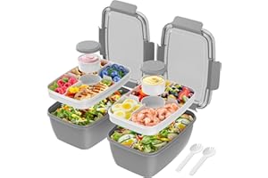 Cherrysea 2Pack Salad Lunch Container, 68oz Salad Bowls with 4 Compartments Tray,Leak Proof Lunch Box with Fork for Men,Women BPA-Free Snack Container with Sauce Container for Dressings-Grey