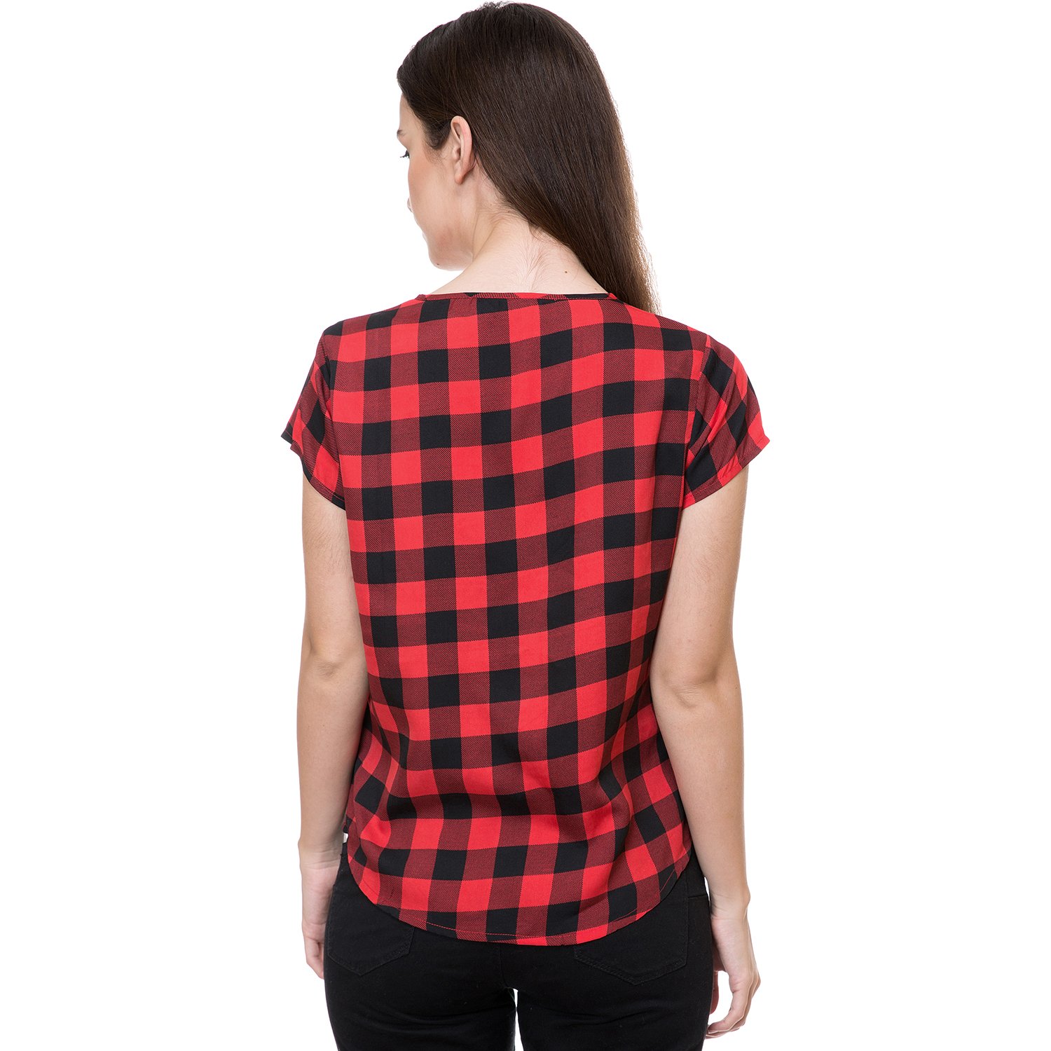 deewa red & black polycrepe round neck casual tops for women