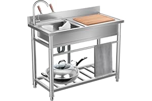Utility Sink, Stainless Steel Free Standing Outdoor Sink with Cold and Hot Water Pipe, Commercial Kitchen Sink Set with Towel
