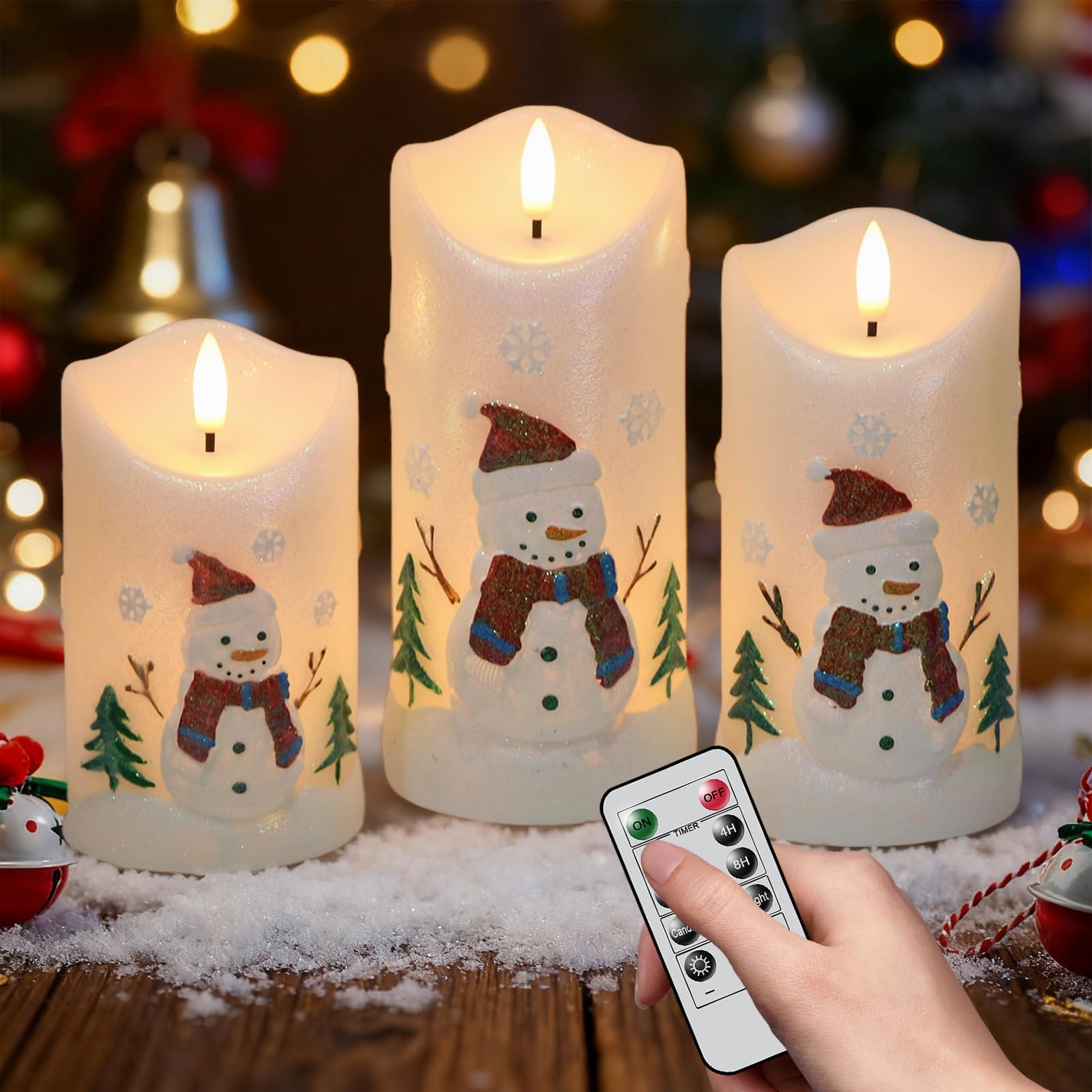 Photo 1 of DRomance Snowman Flameless Candles Battery Operated with Remote and Timer Real Wax 3D Wick Flickering LED Pillar Candles Color Painted Carved Snowflake Christmas Holiday Decor(3" D x 5", 6", 7" H)