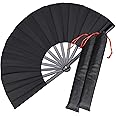 HONSHEN 2 Pack Large Folding Hand Fan,Black Chinese Kung Fu Tai Chi Fan Nylon-Cloth Fans for Men and Women Performance,Dance,Decorations,Festival,Gift (Black)