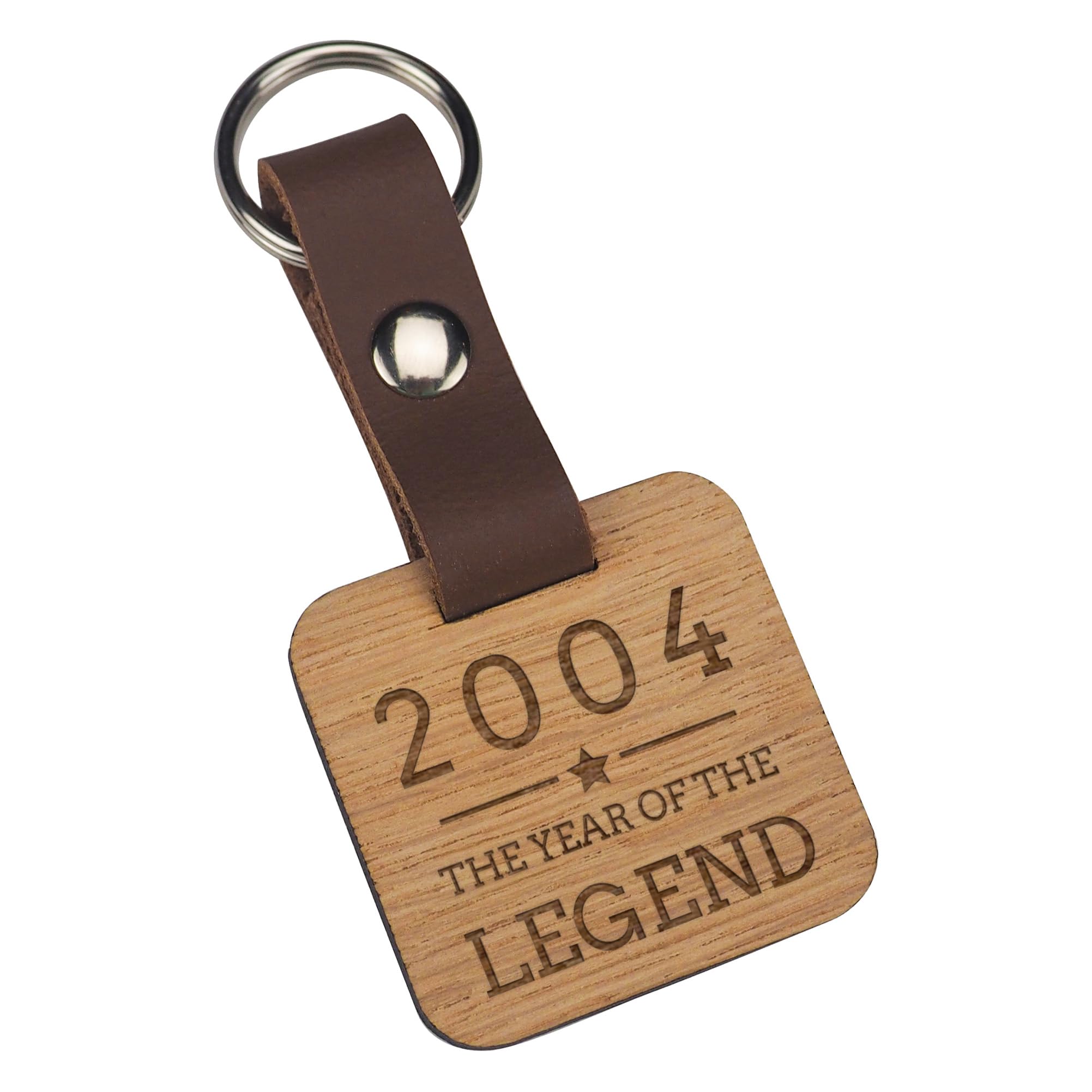 Engraved Wooden Keyring - "2004 Year of the Legend" Design - 21st Birthday Gifts for Men Him - Wood and Leather Square Keyring