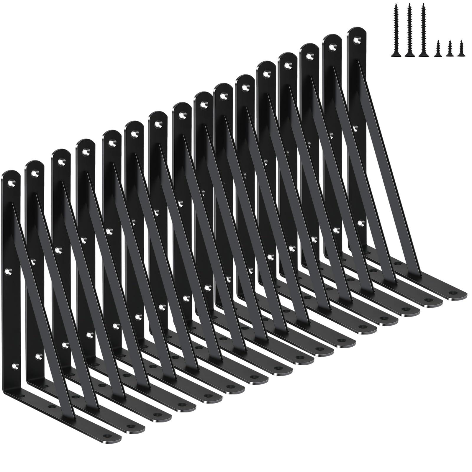 Photo 1 of (PARTIAL SET) 16 Pack L8 x H 6" Black Heavy Duty Shelf Brackets with Screws Metal Shelf Brackets Shelf Support Angle Brackets for Shelves L Brackets Heavy Duty Floating Shelf