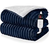 Easthome Electric Heated Throw Blanket - 50"x60" Fast Heating Bed Blankets with 6 Heating Levels & 4 Hours Auto Off, Soft Ribbed Flannel Sherpa, Over-Heated Protection ETL, Navy Blue