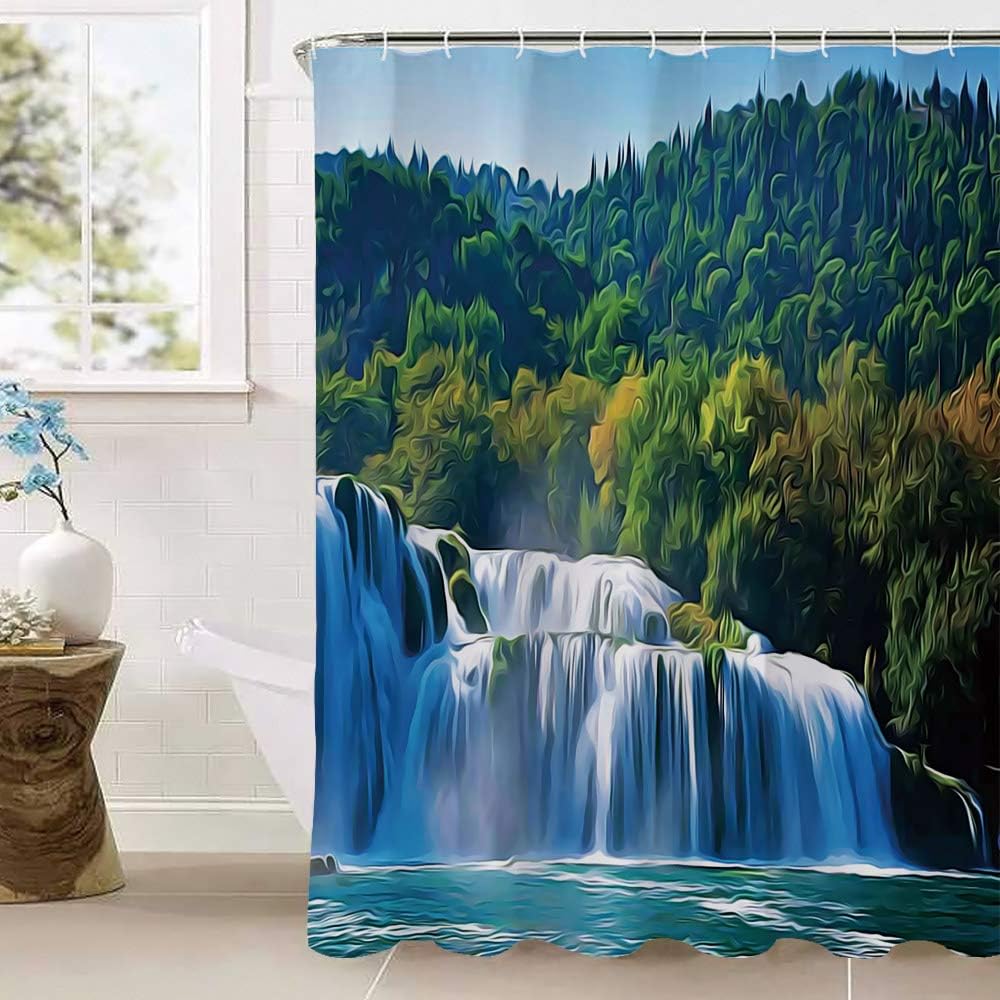 Waterfall Shower Curtains,Scenic Waterfall on the River and Forest Wild