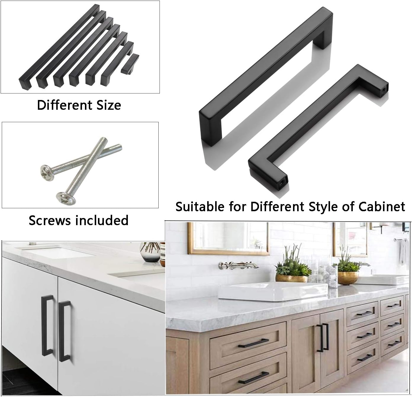 PinLin 5 Pack Cabinet Handles Stainless Steel Bathroom Dresser Cupboard Pulls Hole Centre 192mm Width 12mm Black Square T Bar Handle - Image 3
