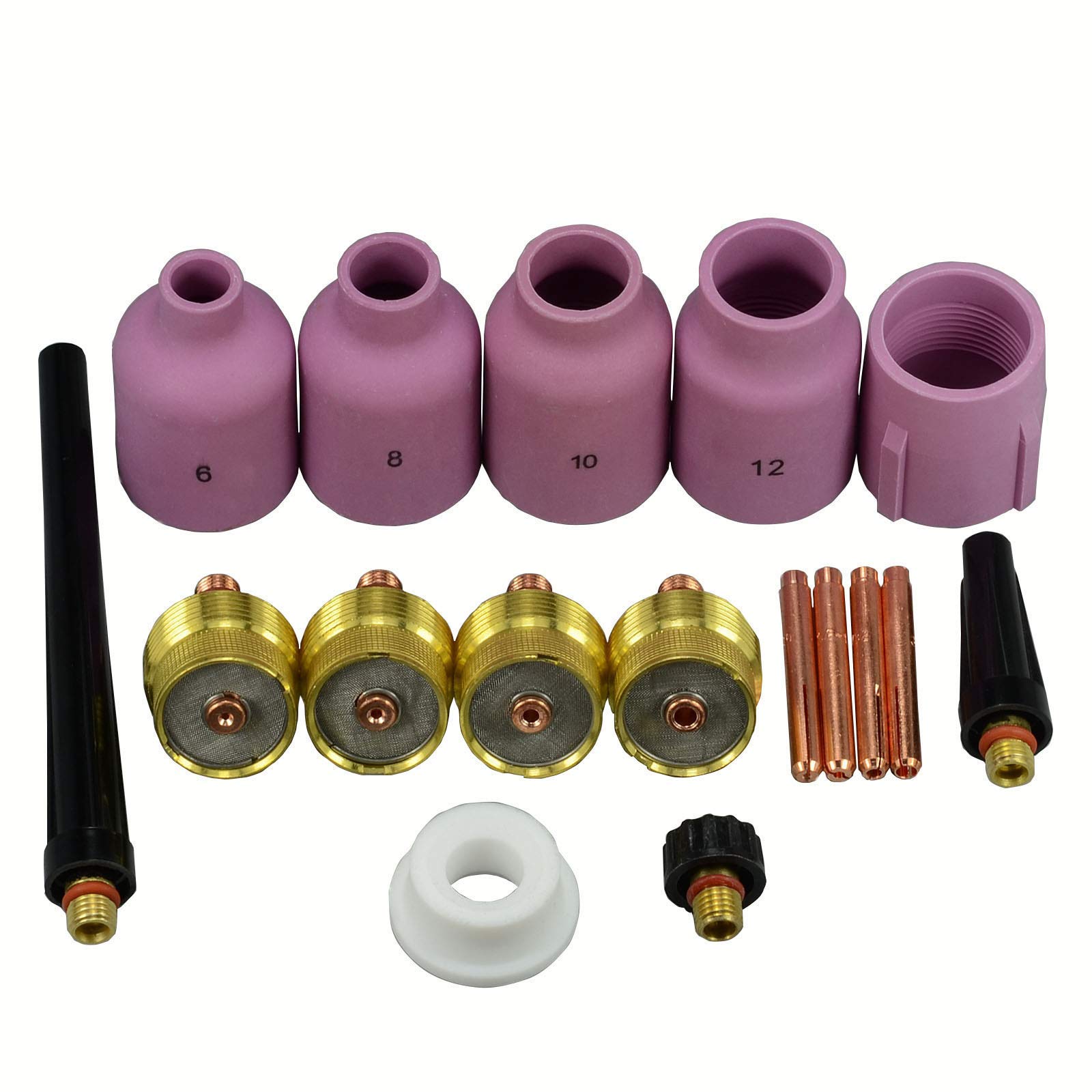 RIVERWELD TIG Gas Lens Collet Bodies 45V 13N Jumbo Large Diameter Alumina Nozzle Ceramic Cups 57N75 6#, 57N74 8#, 53N88 10#, 53N87 12#, 53N89 15# for SR WP 9 20 25 TIG Welding Torches 17pcs