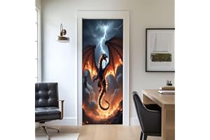 Door Stickers Peel and Stick Door Mural Dragon Fantasy Storm Fire Dragon Fire Breathing Removable Wallpaper 30.3''x78.7'' Sel