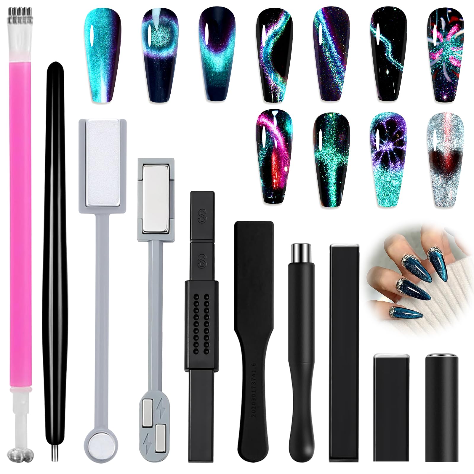 Allstarry 10pcs Nail Magnet Tool Set, Double-head Strong Suction Nail Magnet Stick Cat Eye Flower Design Nail Magnets Pen Plate Wand Board for 9D Strip Galaxy Magnetic Cat Eye Gel Nail Polish Nail Art
