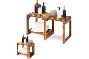 Enkezi Adjustable Length 29.5 Inches Shower Stool Bench Chair Waterproof with Storage Shelf for Shaving Legs, Spa, Bath Seat 