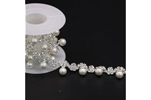 Rytenz 1 Yard Pearl Beaded Trim Crystal Rhinestone Applique Chain for Sewing, Crafts, DIY Decoration, Wedding, Clothing (Pearl-2 Rows)