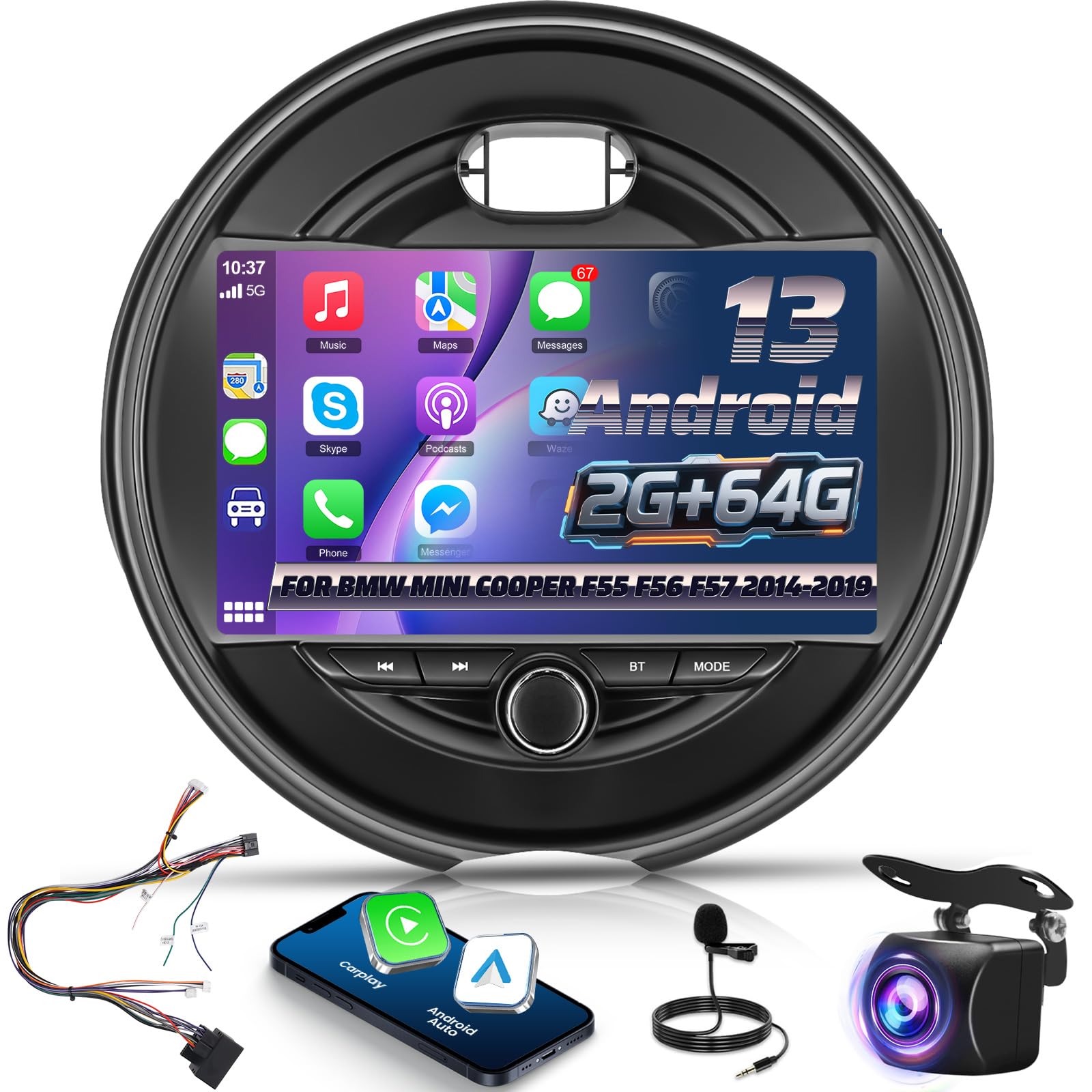 Photo 1 of Upgrade 2G+64G Car Stereo for BMW Mini Cooper F55 F56 F57 2014-2019 (5 Door Without OEM Nav Screen) with Wireless Carplay/Android Auto - 9 Inch Android Touchscreen Radio with WiFi, GPS, EQ, SWC