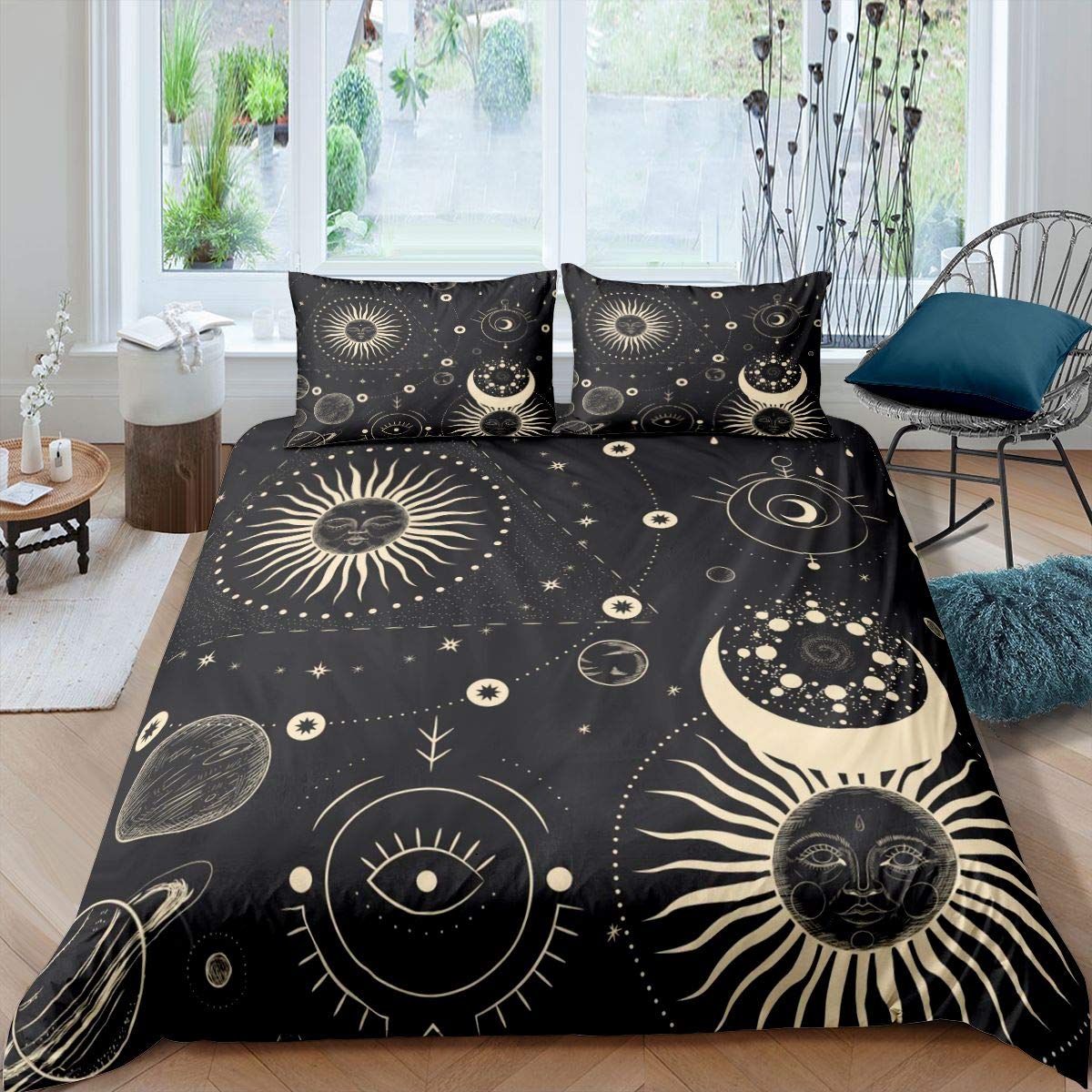 Homemissing Universe Planet Bedding Set for Girls Boys Sun and Moon Comforter Cover Galaxy Stars Duvet Cover Boho Exotic Vintage Bedding & Linen King Bedding 3Pcs
