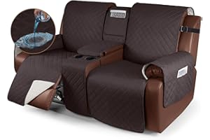 KinCam 100% Waterproof Recliner Loveseat Cover with Console, Non-Slip Reclining Couch Covers for 2 Seat, Recliner Sofa Cover Furniture Protector with Elastic Straps for Kids, Pets, Chocolate