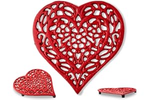 COMFIFY Cast Iron Heart Trivet | Decorative Cast Iron Trivet for Kitchen Countertop Or Dining Table | Vintage Design | 6.75X6.5 | with Rubber Pegs/Feet - Recycled Metal | Red Color