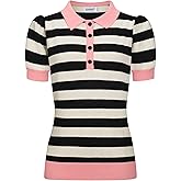 OXKNIT Women's Knit Polo Shirts Short Sleeve, 1960s Mod Style Vintage Stripes Black Casual Tops with Quarter Button