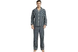 Vulcanodon Mens Cotton Pajama Set, Button Down Woven Pajama Set for Men Plaid Men's Sleepwear
