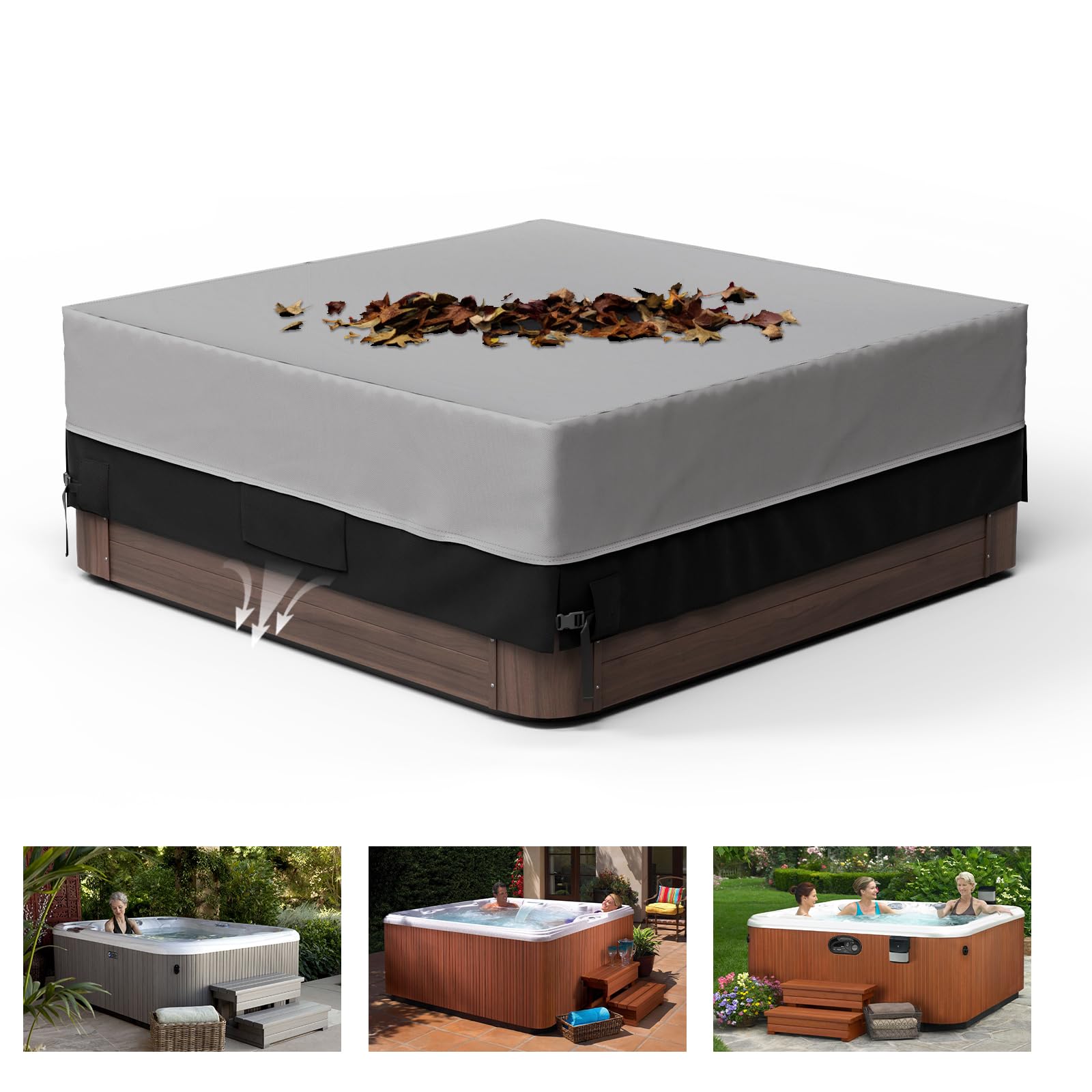 Pacok Square Hot Tub Cover, Waterproof 600D Oxford Fabric SPA Hot Tub Covers with Drawstring, Outdoor SPA Bath Pool Dust Cover with Air Vent，Black+Grey(200x200x85CM)