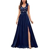 Miusol Women's Vintage V-Neck Sleeveless Sequined Split Formal Evening Maxi Dress