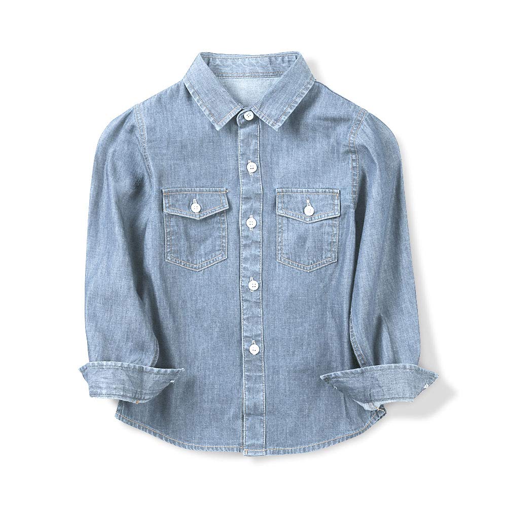 Photo 1 of OCHENTA Boys Denim Button Down Shirt Long Sleeve Kids Casual Cowboy Chambray Top Jeans Clothes Light Blue Tag 150-9-10Y
