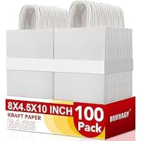 BURVAGY 100Pack White Paper Bags 8x4.5x10 Inch, Plain Medium Paper Bags with Handles Bulk, Kraft Paper Gift Bags, Retail Bags