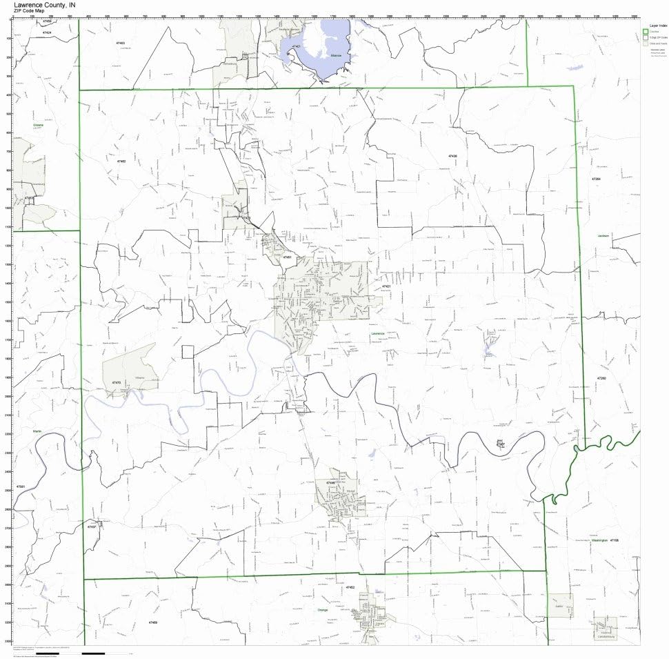 Lawrence County, Indiana IN ZIP Code Map Not Laminated