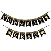 VILIFEVER Congrats Grad Banner Class of 2024 Graduation Decorations, No DIY, Gold and Black Graduation Banner Grad Party Supplies for College High School
