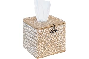 PINXIURY Segrass Woven Tissue Box Cover, Boho Tissue Holder with Lid, Farmhouse Napkin Holder for Toilet Bathroom Living Room Kitchen Bedroom Office Table Desk Car, Whitewash 5.9" L x 5.7" W x 5.7" H