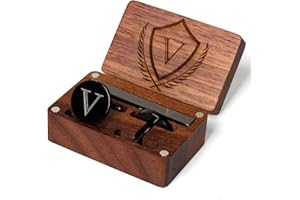 PROPHET CLUE PC Mens Initial Cufflinks and Tie Clip A-Z Alphabet Letter Black Stainless Cuff Links Tie Bar with Engraved Walnut Wood Box Groom Groomsman Wedding Set