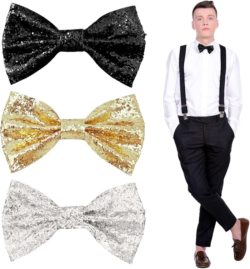 EUPSIIU 3 Pack Men's Glitter Bow Tie Pre-tied Adjustable Sequin Tuxedo Costume