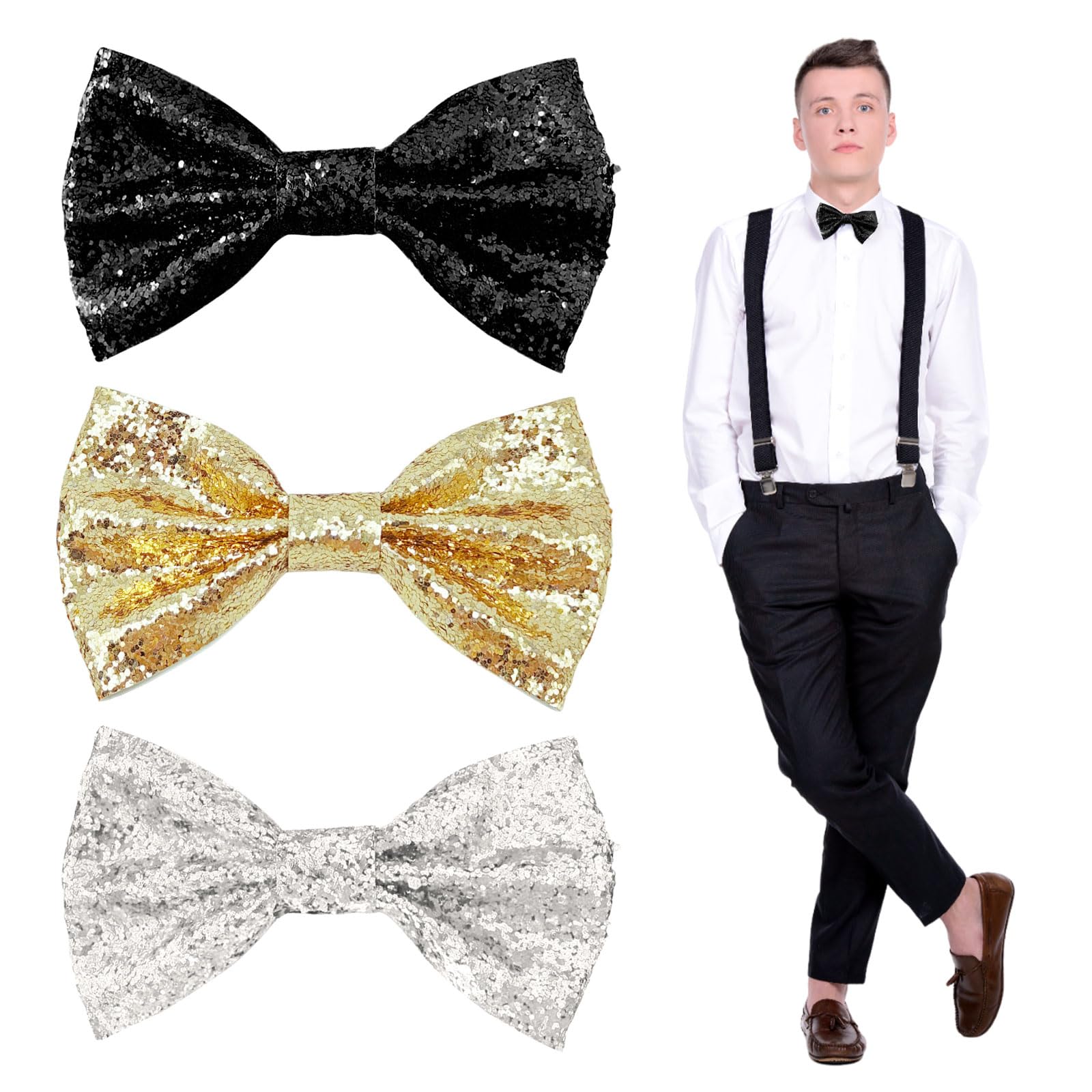 EUPSIIU 3 Pack Glitter Bow Tie Sequinor Men, Men's Pre-tied Bowtie, Adjustable Bow Tie Tux Bowtie for Fancy Dress Costume Dance Party Stage Show Carnival Hen Christmas (Multicolor)