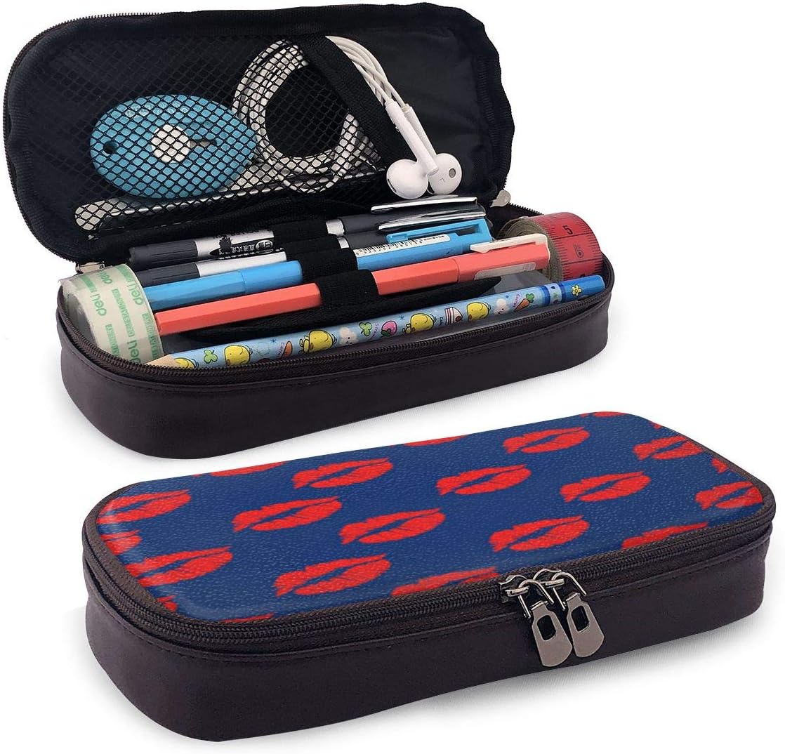 Seamless Red Lips Prints Leather Pencil Case with Pen