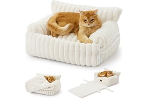 COZY KISS Cute Cat Bed with Removable Cover, Multifunctional Plush Faux Fur Pet Couch Bed with Blanket, Ultra-Soft Pet Furniture for Cats & Small Dogs (Cream, S: 25''x18'')