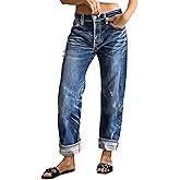 Flamingals Mid Rise Barrel Leg Jeans for Women Straight Leg Boyfriend Baggy Wash Denim Cropped Jeans